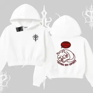 Not Lazy Saving My Spirit Kedi Baskılı Kapşonlu Crop Sweatshirt