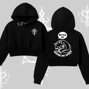 Not Lazy Saving My Spirit Kedi Baskılı Kapşonlu Crop Sweatshirt
