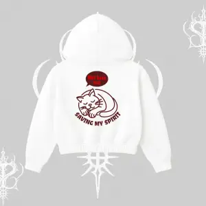 Not Lazy Saving My Spirit Kedi Baskılı Kapşonlu Crop Sweatshirt