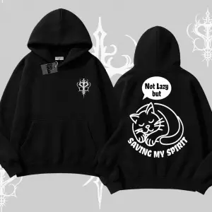Not Lazy Saving My Spirit Kedi Baskılı Kapşonlu Sweatshirt