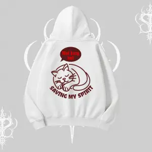 Not Lazy Saving My Spirit Kedi Baskılı Kapşonlu Sweatshirt
