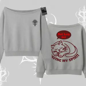 Not Lazy Saving My Spirit Kedi Baskılı Kayık Yaka Sweatshirt