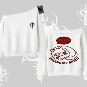 Not Lazy Saving My Spirit Kedi Baskılı Kayık Yaka Sweatshirt