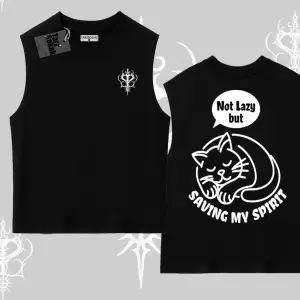 Not Lazy Saving My Spirit Kedi Baskılı Kolsuz Tshirt