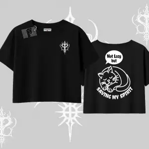 Not Lazy Saving My Spirit Kedi Baskılı Oversize Crop Tshirt