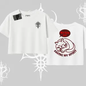 Not Lazy Saving My Spirit Kedi Baskılı Oversize Crop Tshirt