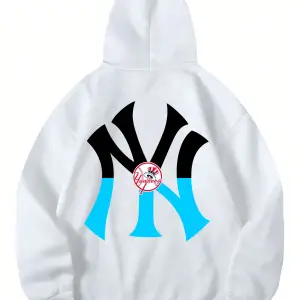 NY Renkli Baskılı Oversize Kapüşonlu Sweatshirt Beyaz