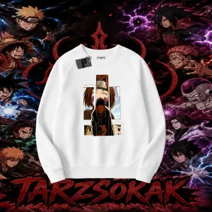 Obito uchiha Naruto Anime Karakteri Oversize Unisex Bisiklet Yaka Sweatshirt Beyaz