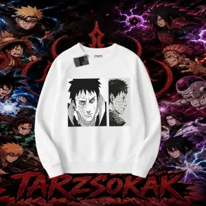 Obito uchiha Naruto Anime Karakteri Oversize Unisex Bisiklet Yaka Sweatshirt Beyaz