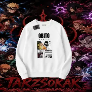 Obito uchiha Naruto Anime Karakteri Oversize Unisex Bisiklet Yaka Sweatshirt Beyaz
