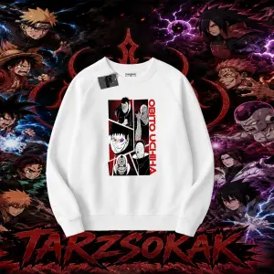 Obito uchiha Naruto Anime Karakteri Oversize Unisex Bisiklet Yaka Sweatshirt Beyaz