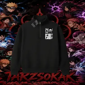 Obito uchiha Naruto Anime Karakteri Unisex Polo Yaka Yarım Fermuarlı Sweatshirt Beyaz