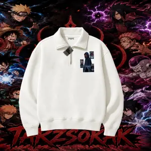 Obito uchiha Naruto Anime Karakteri Unisex Polo Yaka Yarım Fermuarlı Sweatshirt Beyaz