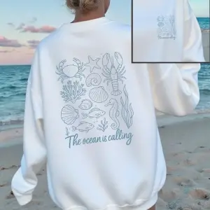 Okyanus Çağırıyor Baskılı Sweatshirt Kadınlar İçin Bisiklet Yaka Basic Kapüşonlu Bol Polar Sı