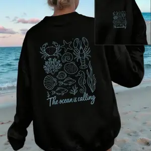 Okyanus Çağırıyor Baskılı Sweatshirt Kadınlar İçin Bisiklet Yaka Basic Kapüşonlu Bol Polar Sı