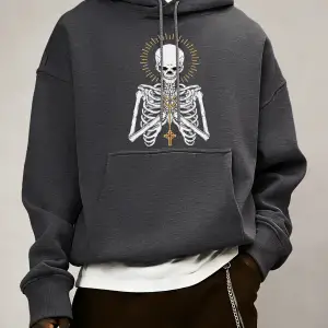 Ölüm İçin Dua Edin İskelet Baskılı Erkek Temel Kapüşonlu Ceket Cepli Moda Sweatshirt Günlük B