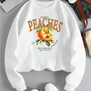 Organik Şeftali Teslim Edilen Günlük Kazak Bayan Meyve Baskı Kapüşonlular Crewneck Gevşek Pol