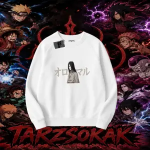 Orochimaru Naruto Anime Karakter Oversize Unisex Bisiklet Yaka Sweatshirt Beyaz