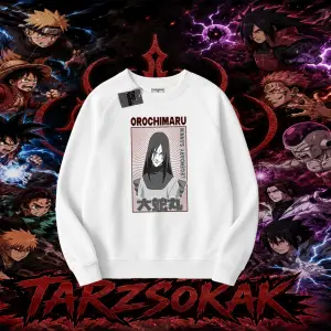 Orochimaru Naruto Anime Karakter Oversize Unisex Bisiklet Yaka Sweatshirt Beyaz