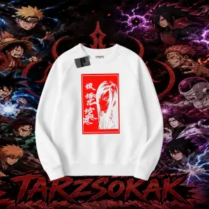 Orochimaru Naruto Anime Karakter Oversize Unisex Bisiklet Yaka Sweatshirt Beyaz