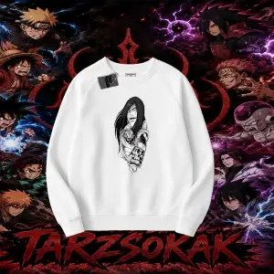 Orochimaru Naruto Anime Karakter Oversize Unisex Bisiklet Yaka Sweatshirt Beyaz