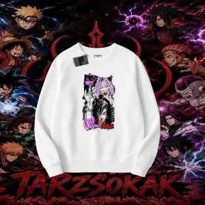 Orochimaru Naruto Anime Karakter Oversize Unisex Bisiklet Yaka Sweatshirt Beyaz
