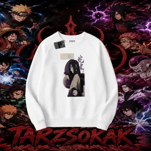 Orochimaru Naruto Anime Karakter Oversize Unisex Bisiklet Yaka Sweatshirt Beyaz