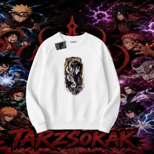 Orochimaru Naruto Anime Karakter Oversize Unisex Bisiklet Yaka Sweatshirt Beyaz