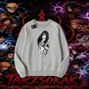 Orochimaru Naruto Anime Karakter Oversize Unisex Bisiklet Yaka Sweatshirt Beyaz