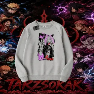 Orochimaru Naruto Anime Karakter Oversize Unisex Bisiklet Yaka Sweatshirt Beyaz