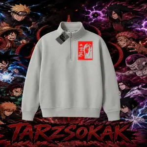 Orochimaru Naruto Anime Karakter Unisex Polo Yaka Yarım Fermuarlı Sweatshirt Beyaz