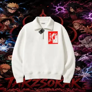 Orochimaru Naruto Anime Karakter Unisex Polo Yaka Yarım Fermuarlı Sweatshirt Beyaz