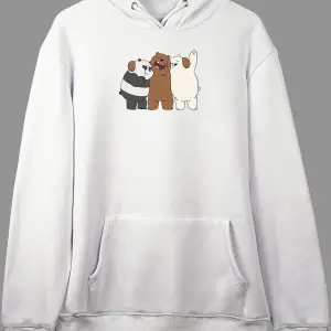 Oversize 3 Kafadar Ayı We Bare Bears Tasarım Baskılı Kapüşonlu Sweatshirt Hoodie Beyaz
