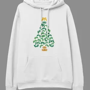 Oversize Çam Oyun Konsol Game Ağaç Yeni Yıl Tasarım Baskılı Unisex Kapüşonlu Sweatshirt Hoodie Beyaz