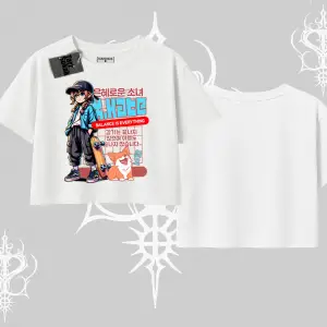 Oversize Crop Tshirt Anime Hiker Girl Balance Is Everything Baskılı