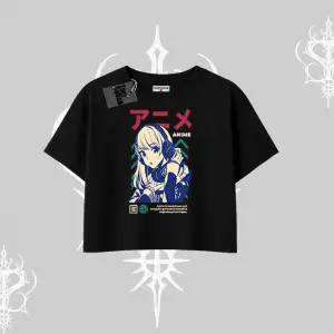 Oversize Crop Tshirt Anime Kız Desenli Japon Tarzı