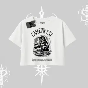 Oversize Crop Tshirt Caffeine Cat Kahve Temalı Kedi Baskılı