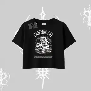 Oversize Crop Tshirt Caffeine Cat Kahve Temalı Kedi Baskılı
