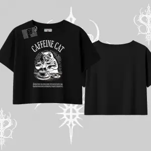 Oversize Crop Tshirt Caffeine Cat Kahve Temalı Kedi Baskılı