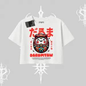 Oversize Crop Tshirt Daruma Kedi Anime Baskılı