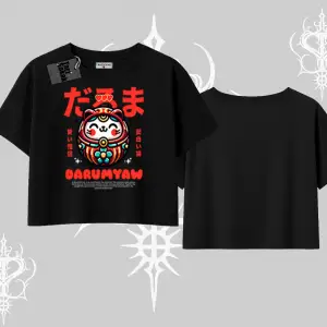 Oversize Crop Tshirt Daruma Kedi Anime Baskılı