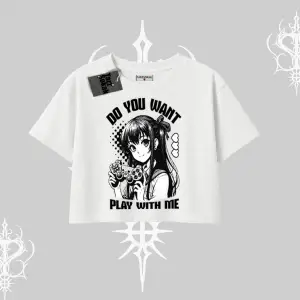 Oversize Crop Tshirt Do You Want Play With Me Anime Kız Baskılı