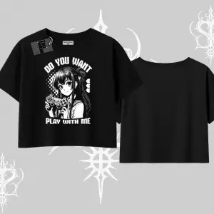 Oversize Crop Tshirt Do You Want Play With Me Anime Kız Baskılı