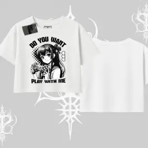 Oversize Crop Tshirt Do You Want Play With Me Anime Kız Baskılı