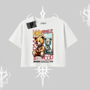 Oversize Crop Tshirt Fake Smile Mood Ayıcık Grafik Baskılı