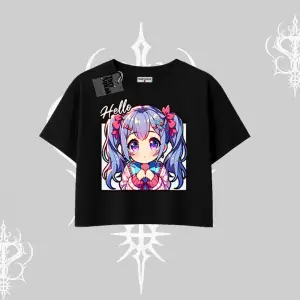 Oversize Crop Tshirt Hello Anime Kız Sevimli Karakter Baskılı