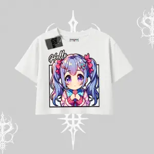 Oversize Crop Tshirt Hello Anime Kız Sevimli Karakter Baskılı