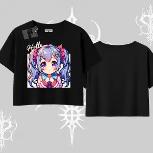 Oversize Crop Tshirt Hello Anime Kız Sevimli Karakter Baskılı