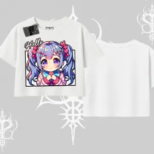 Oversize Crop Tshirt Hello Anime Kız Sevimli Karakter Baskılı