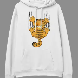 Oversize Garfield Tasarım Baskılı Kapüşonlu Sweatshirt Hoodie Beyaz